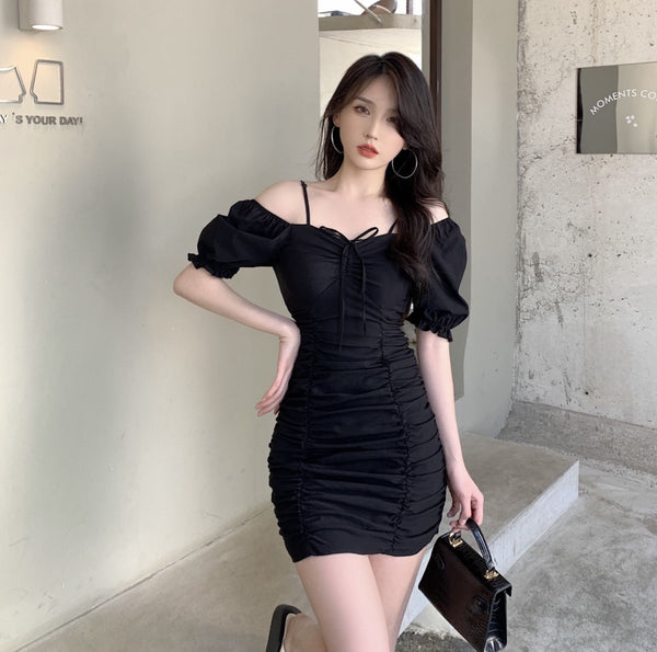Summer Sexy Women Pleated Vintage Front Bow Shoulder Spaghetti Strap Square Neck Puff Sleeves Mini Dress