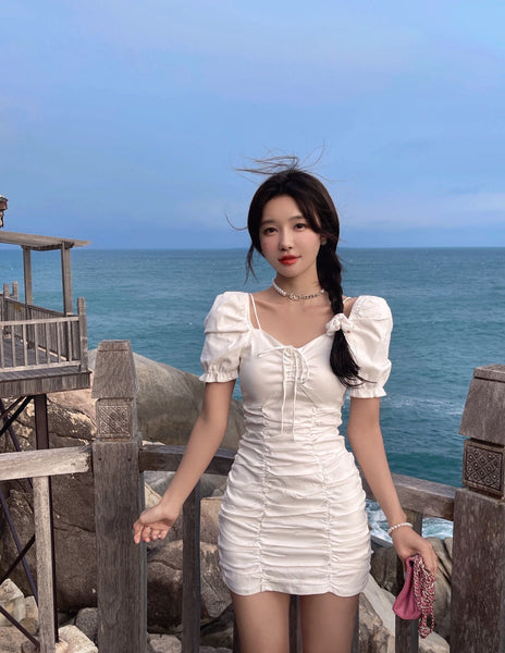 Summer Sexy Women Pleated Vintage Front Bow Shoulder Spaghetti Strap Square Neck Puff Sleeves Mini Dress