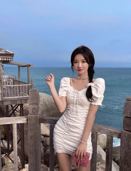 Summer Sexy Women Pleated Vintage Front Bow Shoulder Spaghetti Strap Square Neck Puff Sleeves Mini Dress