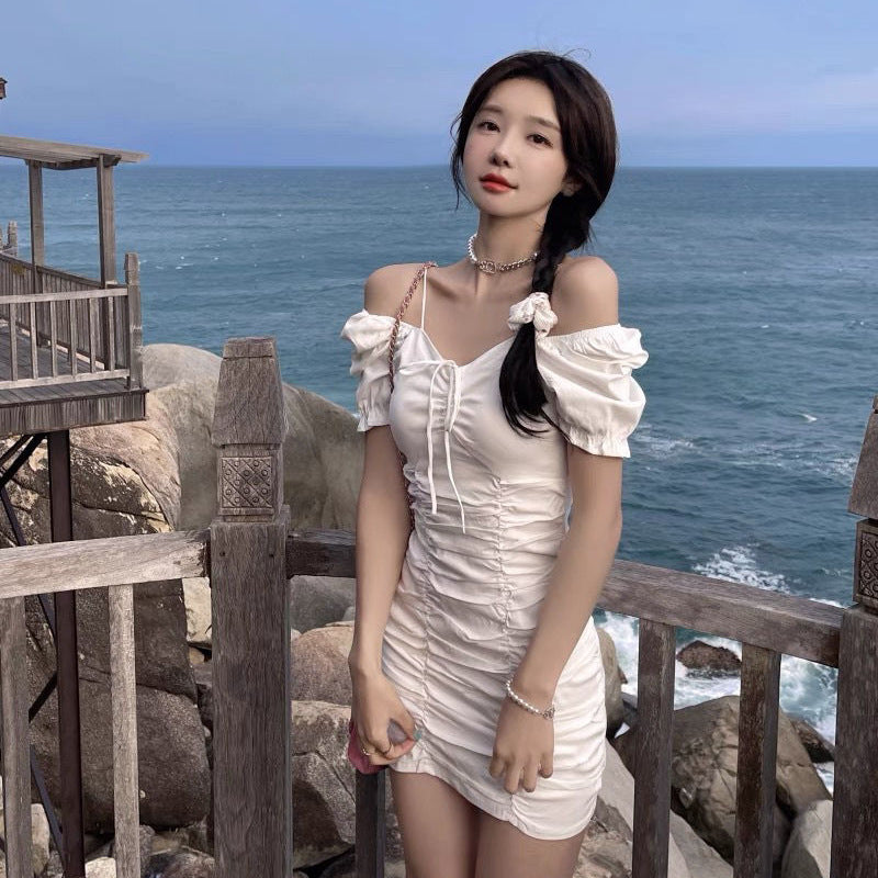 Summer Sexy Women Pleated Vintage Front Bow Shoulder Spaghetti Strap Square Neck Puff Sleeves Mini Dress