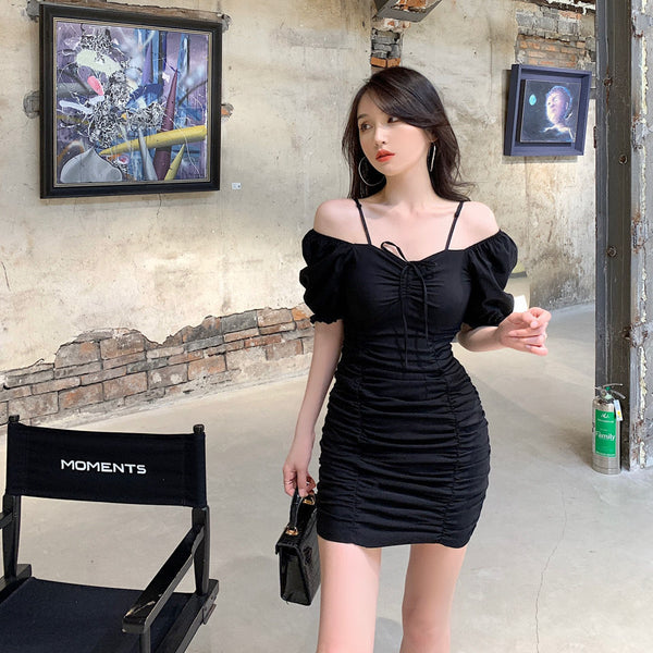 Summer Sexy Women Pleated Vintage Front Bow Shoulder Spaghetti Strap Square Neck Puff Sleeves Mini Dress