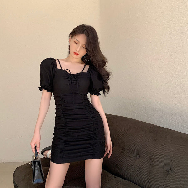 Summer Sexy Women Pleated Vintage Front Bow Shoulder Spaghetti Strap Square Neck Puff Sleeves Mini Dress