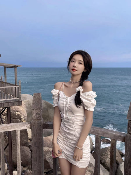 Summer Sexy Women Pleated Vintage Front Bow Shoulder Spaghetti Strap Square Neck Puff Sleeves Mini Dress