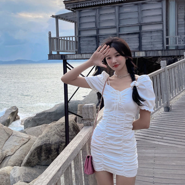 Summer Sexy Women Pleated Vintage Front Bow Shoulder Spaghetti Strap Square Neck Puff Sleeves Mini Dress