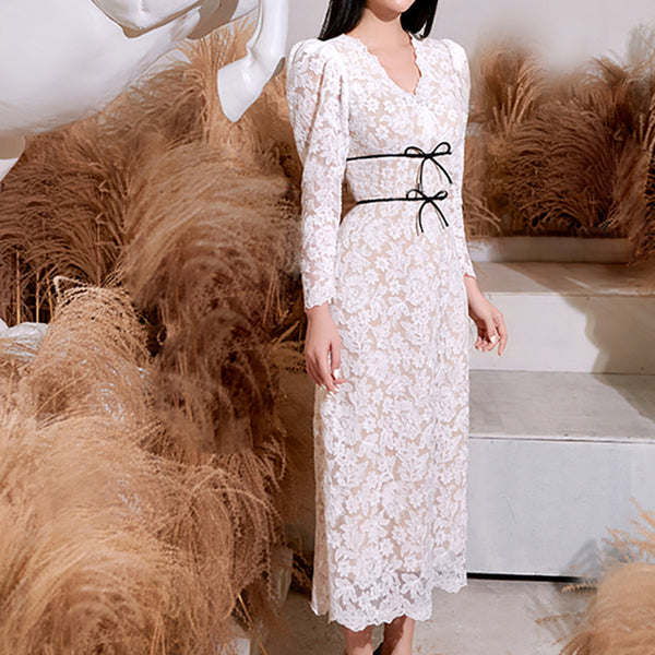 Beautiful Cozy Ladies White V-Neck Long Sleeved Lace High Waist Puffy Party Clubbing Long Dress