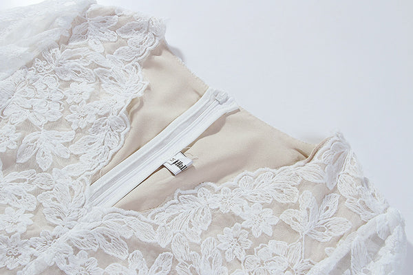 Beautiful Cozy Ladies White V-Neck Long Sleeved Lace High Waist Puffy Party Clubbing Long Dress