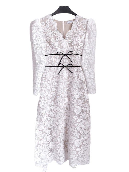 Beautiful Cozy Ladies White V-Neck Long Sleeved Lace High Waist Puffy Party Clubbing Long Dress