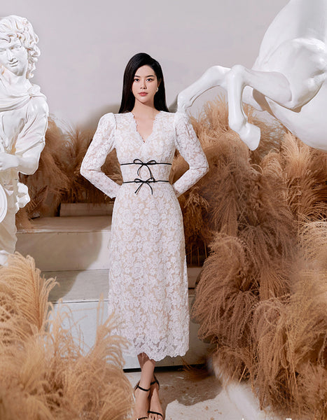 Beautiful Cozy Ladies White V-Neck Long Sleeved Lace High Waist Puffy Party Clubbing Long Dress