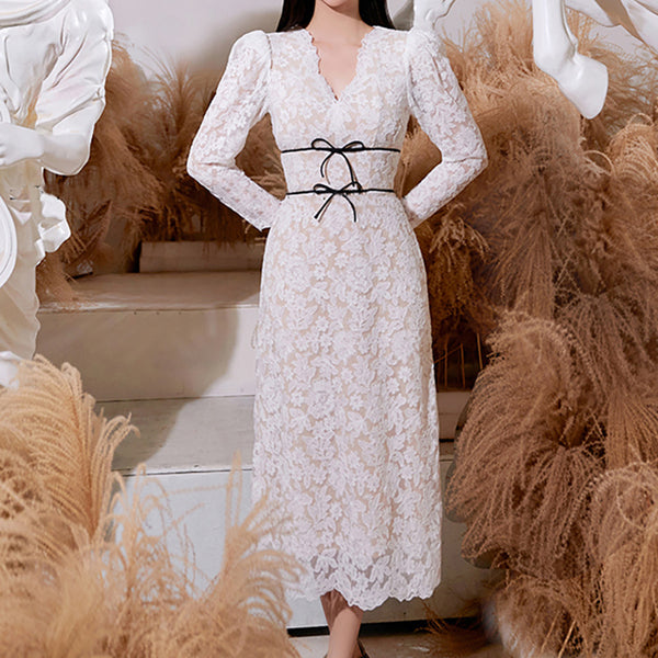 Beautiful Cozy Ladies White V-Neck Long Sleeved Lace High Waist Puffy Party Clubbing Long Dress