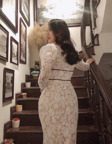 Beautiful Cozy Ladies White V-Neck Long Sleeved Lace High Waist Puffy Party Clubbing Long Dress