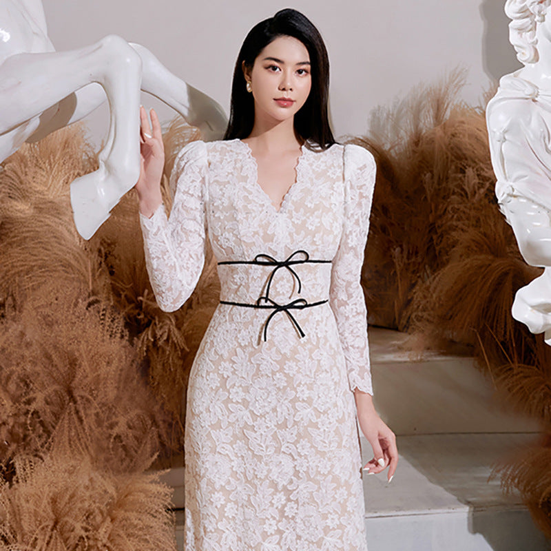 Beautiful Cozy Ladies White V-Neck Long Sleeved Lace High Waist Puffy Party Clubbing Long Dress