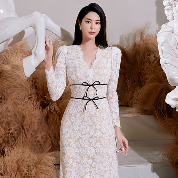 Beautiful Cozy Ladies White V-Neck Long Sleeved Lace High Waist Puffy Party Clubbing Long Dress