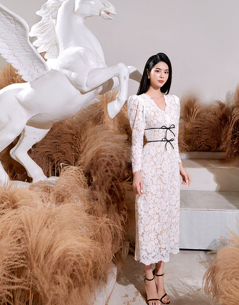 Beautiful Cozy Ladies White V-Neck Long Sleeved Lace High Waist Puffy Party Clubbing Long Dress