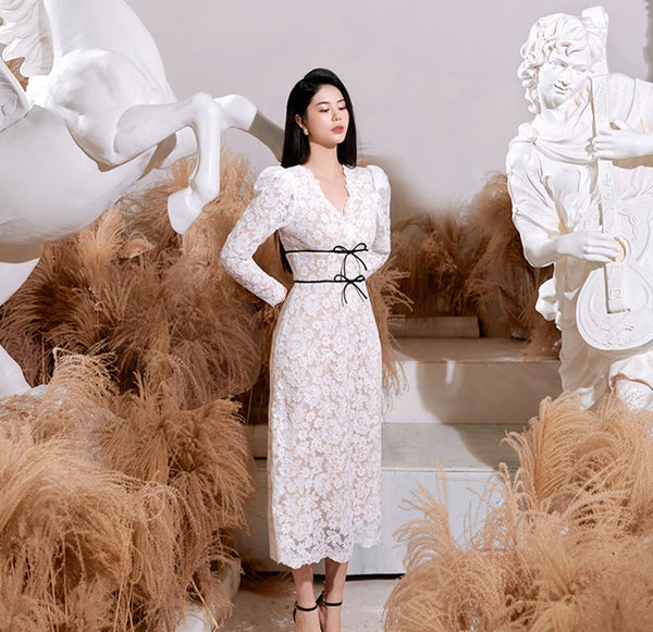 Beautiful Cozy Ladies White V-Neck Long Sleeved Lace High Waist Puffy Party Clubbing Long Dress