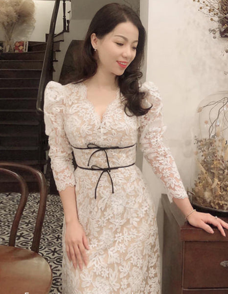 Beautiful Cozy Ladies White V-Neck Long Sleeved Lace High Waist Puffy Party Clubbing Long Dress
