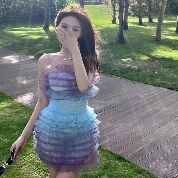 Summer Beach Women Tie Dye Gradient Strap Tube Top Sweet Ruffled Style High Waist Cake Short Dress