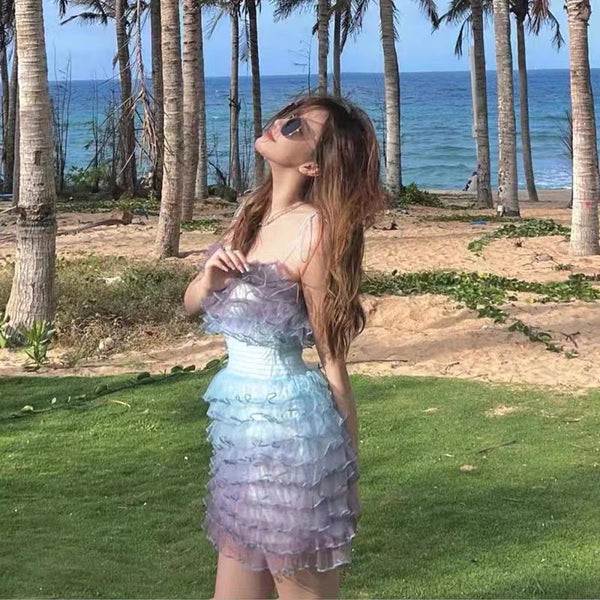 Summer Beach Women Tie Dye Gradient Strap Tube Top Sweet Ruffled Style High Waist Cake Short Dress