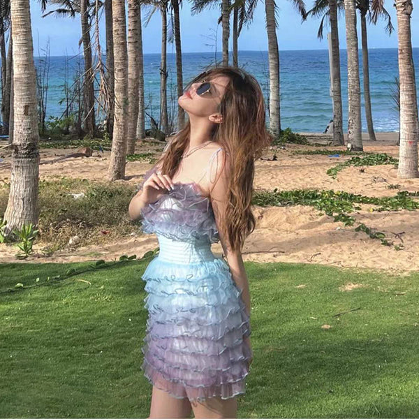 Summer Beach Women Tie Dye Gradient Strap Tube Top Sweet Ruffled Style High Waist Cake Short Dress