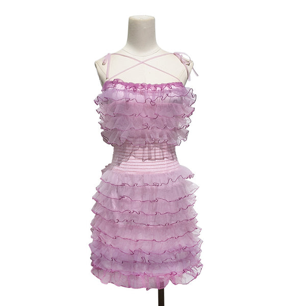 Summer Beach Women Tie Dye Gradient Strap Tube Top Sweet Ruffled Style High Waist Cake Short Dress