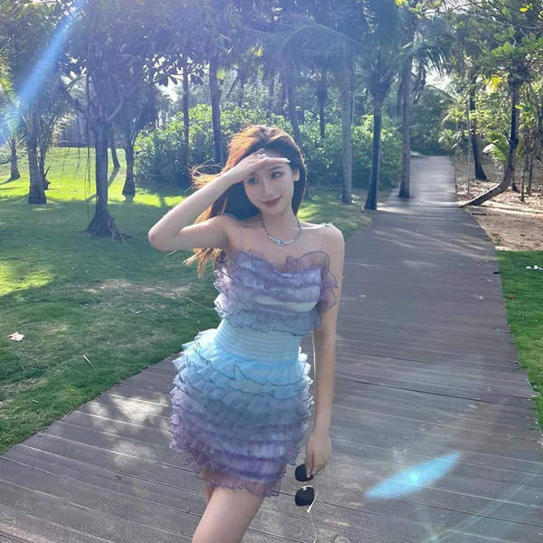 Summer Beach Women Tie Dye Gradient Strap Tube Top Sweet Ruffled Style High Waist Cake Short Dress