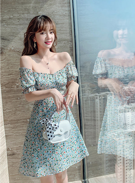 Summer Sweet Women Retro Short Puff Sleeved Off Shoulder Green Floral Printed Midi Skirt Dress Dresses
