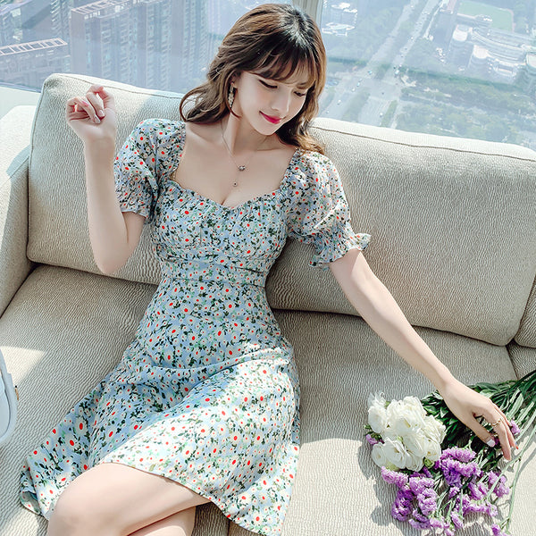 Summer Sweet Women Retro Short Puff Sleeved Off Shoulder Green Floral Printed Midi Skirt Dress Dresses