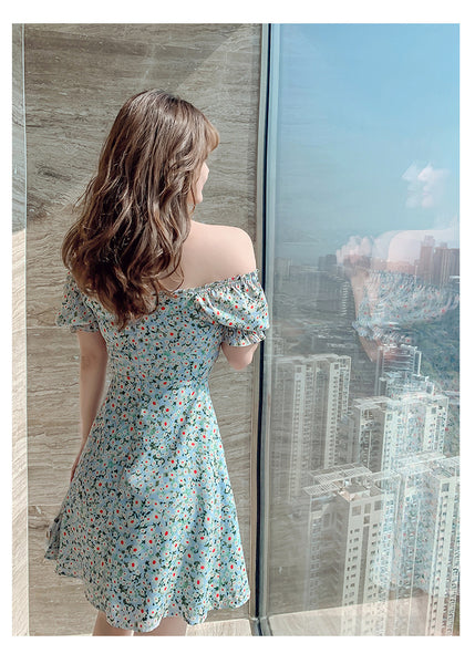 Summer Sweet Women Retro Short Puff Sleeved Off Shoulder Green Floral Printed Midi Skirt Dress Dresses