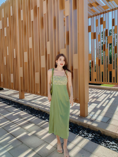 Summer Women Satin Drape Fresh Green Lace Floral Tie Dye Printed Stitching Spaghetti Strap Dress