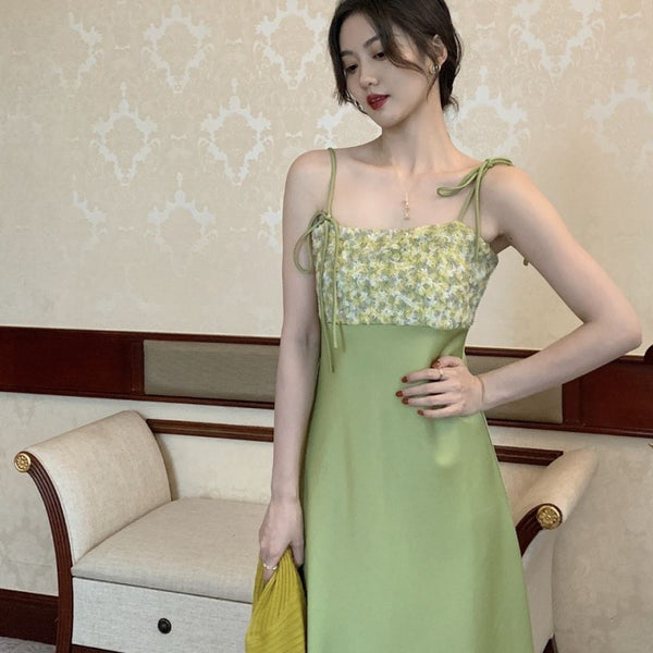 Summer Women Satin Drape Fresh Green Lace Floral Tie Dye Printed Stitching Spaghetti Strap Dress