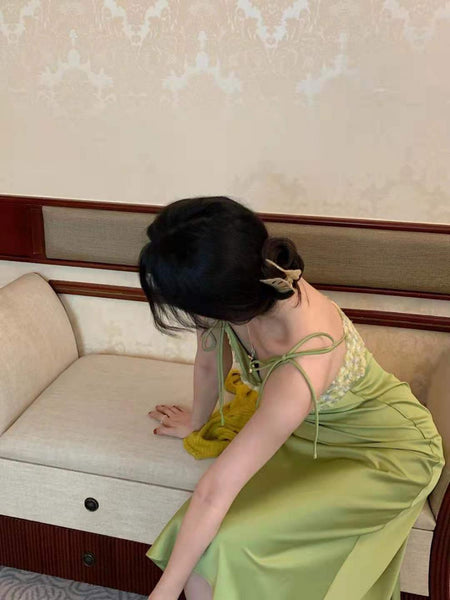 Summer Women Satin Drape Fresh Green Lace Floral Tie Dye Printed Stitching Spaghetti Strap Dress