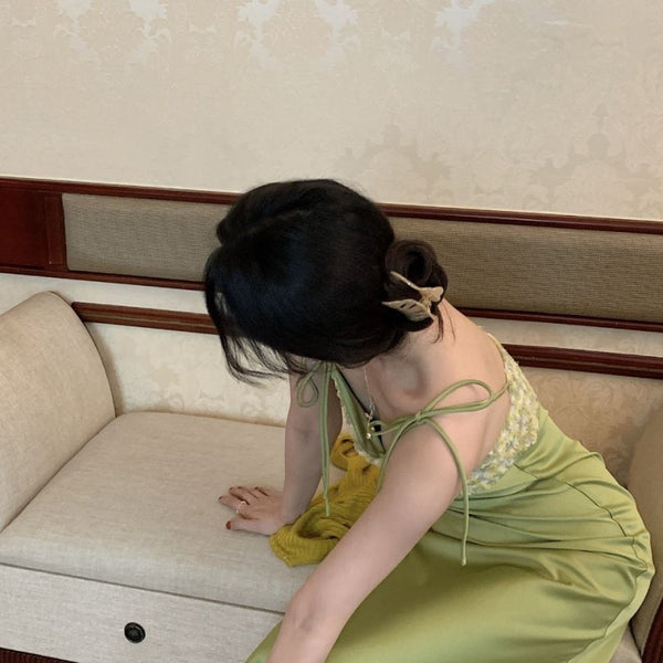 Summer Women Satin Drape Fresh Green Lace Floral Tie Dye Printed Stitching Spaghetti Strap Dress