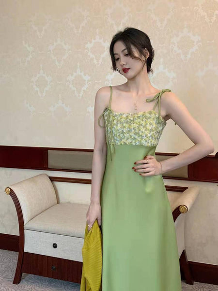 Summer Women Satin Drape Fresh Green Lace Floral Tie Dye Printed Stitching Spaghetti Strap Dress