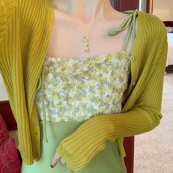 Summer Women Satin Drape Fresh Green Lace Floral Tie Dye Printed Stitching Spaghetti Strap Dress