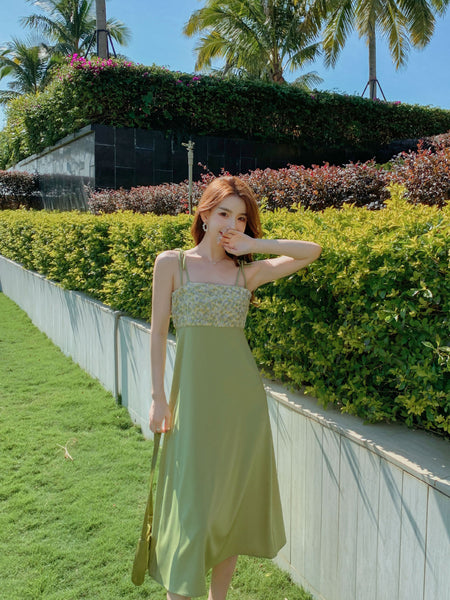 Summer Women Satin Drape Fresh Green Lace Floral Tie Dye Printed Stitching Spaghetti Strap Dress