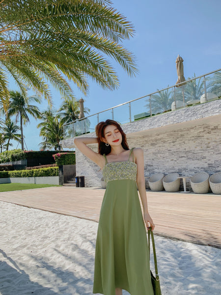 Summer Women Satin Drape Fresh Green Lace Floral Tie Dye Printed Stitching Spaghetti Strap Dress