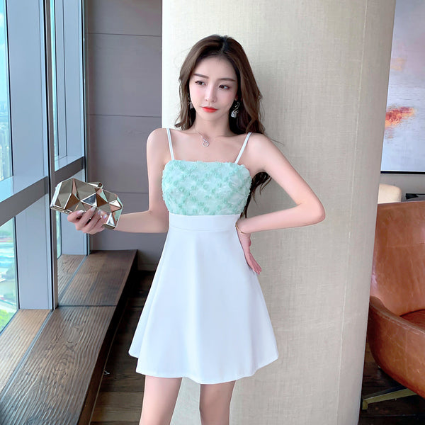Summer Fresh Feeling Fashion Casual Pretty Women 3D Floral Spaghetti Strap A-line Dress