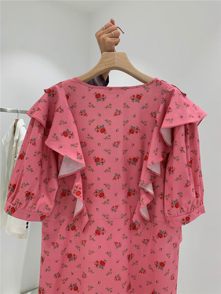 Holiday Chic Women Lotus Leaf Collar Off Shoulder Short Sleeved Floral Printed Bow Spaghetti Strap Dress