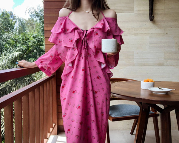 Holiday Chic Women Lotus Leaf Collar Off Shoulder Short Sleeved Floral Printed Bow Spaghetti Strap Dress