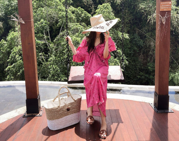 Holiday Chic Women Lotus Leaf Collar Off Shoulder Short Sleeved Floral Printed Bow Spaghetti Strap Dress