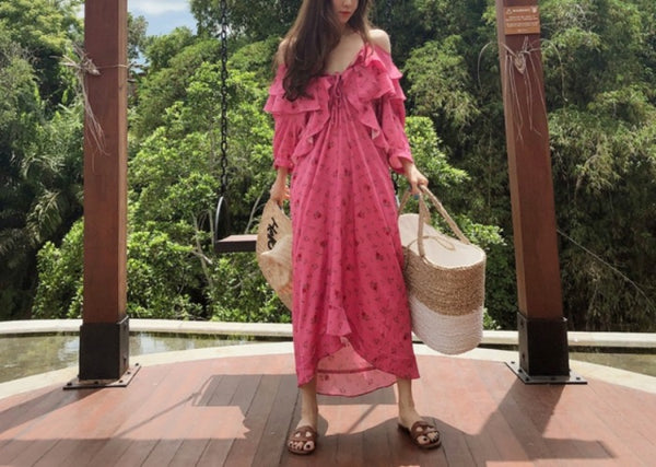 Holiday Chic Women Lotus Leaf Collar Off Shoulder Short Sleeved Floral Printed Bow Spaghetti Strap Dress