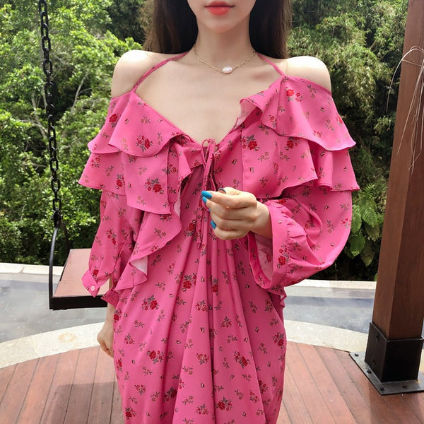 Holiday Chic Women Lotus Leaf Collar Off Shoulder Short Sleeved Floral Printed Bow Spaghetti Strap Dress