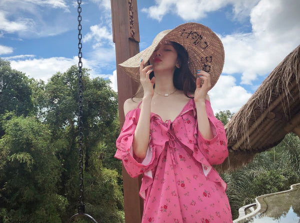 Holiday Chic Women Lotus Leaf Collar Off Shoulder Short Sleeved Floral Printed Bow Spaghetti Strap Dress