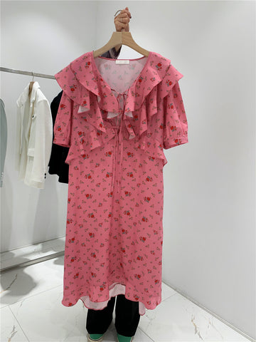 Holiday Chic Women Lotus Leaf Collar Off Shoulder Short Sleeved Floral Printed Bow Spaghetti Strap Dress