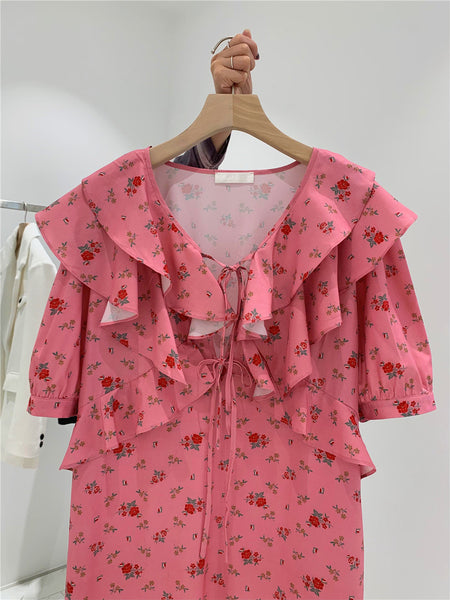 Holiday Chic Women Lotus Leaf Collar Off Shoulder Short Sleeved Floral Printed Bow Spaghetti Strap Dress