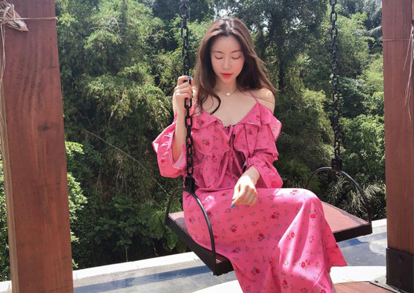 Holiday Chic Women Lotus Leaf Collar Off Shoulder Short Sleeved Floral Printed Bow Spaghetti Strap Dress