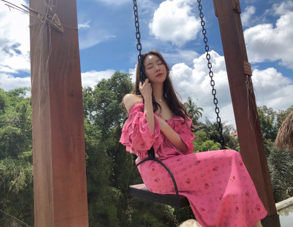 Holiday Chic Women Lotus Leaf Collar Off Shoulder Short Sleeved Floral Printed Bow Spaghetti Strap Dress