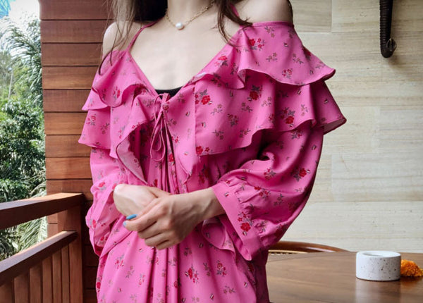 Holiday Chic Women Lotus Leaf Collar Off Shoulder Short Sleeved Floral Printed Bow Spaghetti Strap Dress