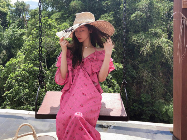 Holiday Chic Women Lotus Leaf Collar Off Shoulder Short Sleeved Floral Printed Bow Spaghetti Strap Dress