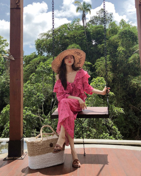 Holiday Chic Women Lotus Leaf Collar Off Shoulder Short Sleeved Floral Printed Bow Spaghetti Strap Dress