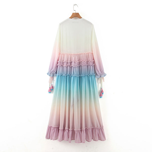 Holiday Style Women Dress Colorful Color Change Tassel Long Skirt Beach Long Sleeves Trapezze Tent Dress